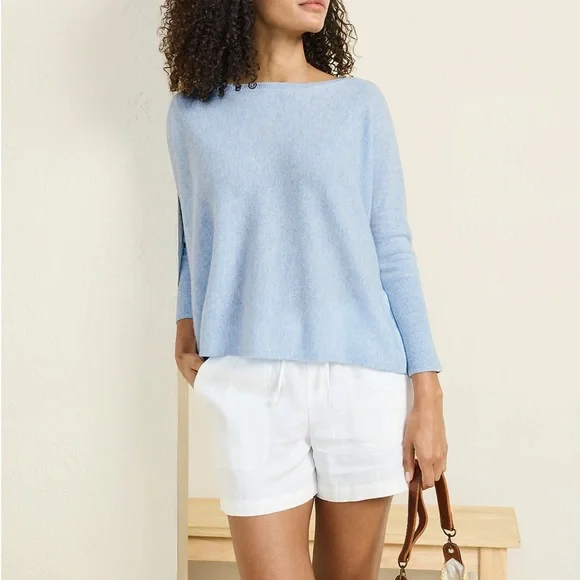 Garnet Hill Essential Cashmere Cropped Sweater Clearwater Heather Large - Picture 10 of 13